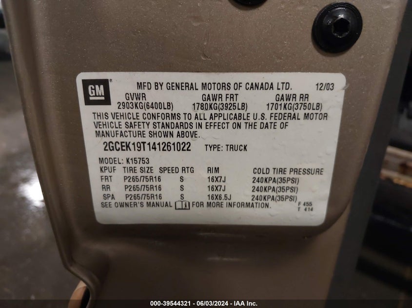 2004 Chevrolet Silverado 1500 Z71 VIN: 2GCEK19T141261022 Lot: 39544321