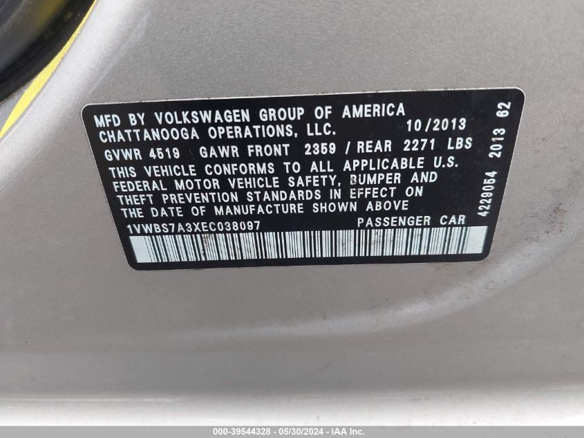 2014 Volkswagen Passat 1.8T Se VIN: 1VWBS7A3XEC038097 Lot: 39544328