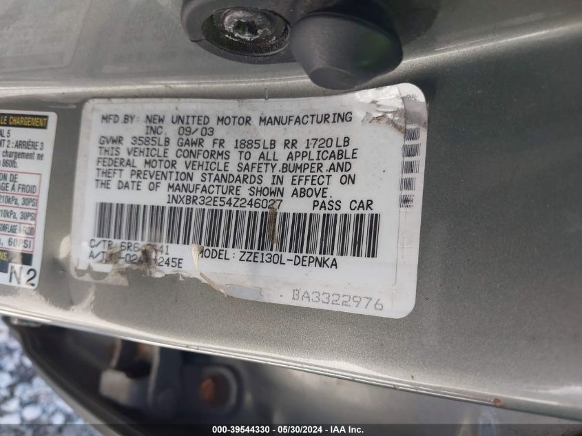 2004 Toyota Corolla Le VIN: 1NXBR32E54Z246027 Lot: 39544330