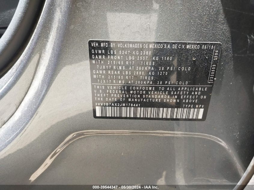 2018 Volkswagen Tiguan 2.0T Se/2.0T Sel VIN: 3VV3B7AX2JM178441 Lot: 39544347