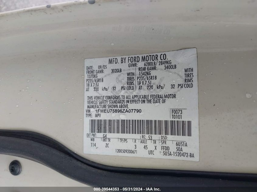 2006 Ford Explorer Limited VIN: 1FMEU75896ZA07790 Lot: 39544353