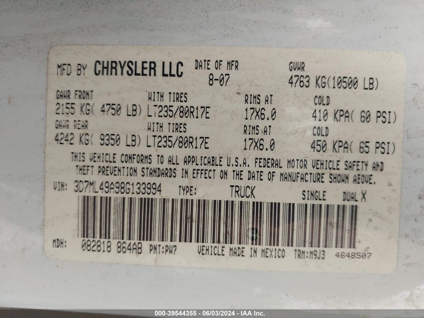 2008 Dodge Ram 3500 Sxt/Slt VIN: 3D7ML49A98G133994 Lot: 39544355