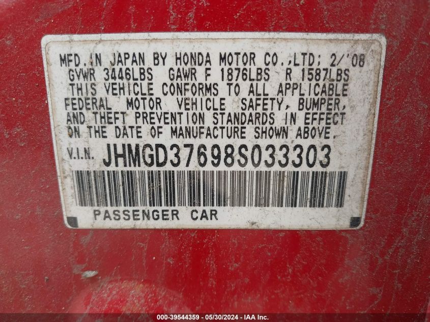 2008 Honda Fit Sport VIN: JHMGD37698S033303 Lot: 39544359