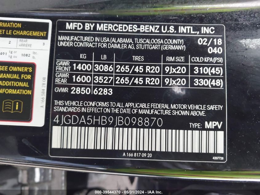 2018 Mercedes-Benz Gle VIN: 4JGD5HB9JB098870 Lot: 39544370