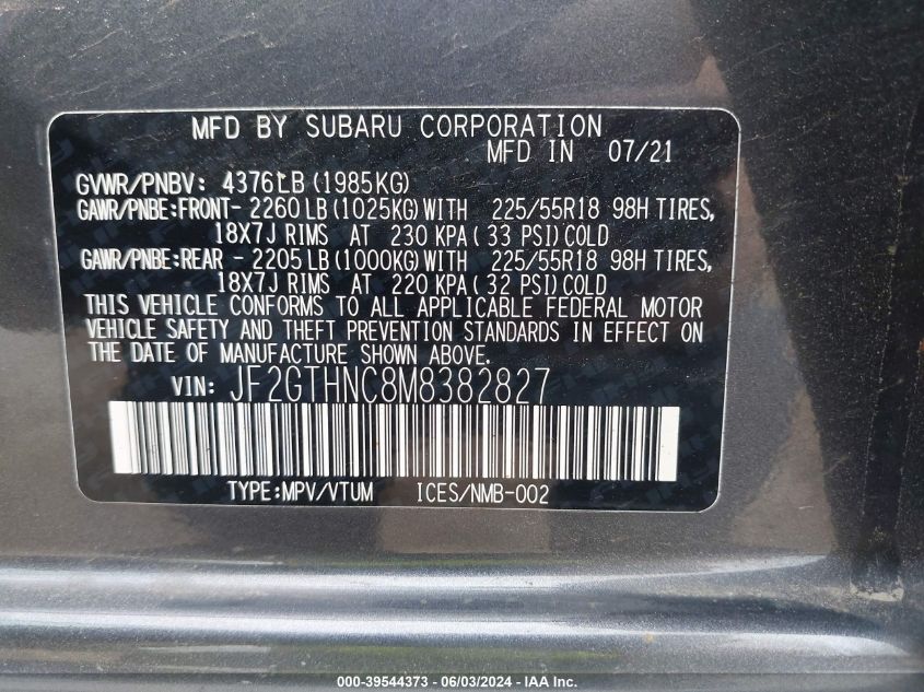 VIN JF2GTHNC8M8382827 2021 SUBARU CROSSTREK LIMITED