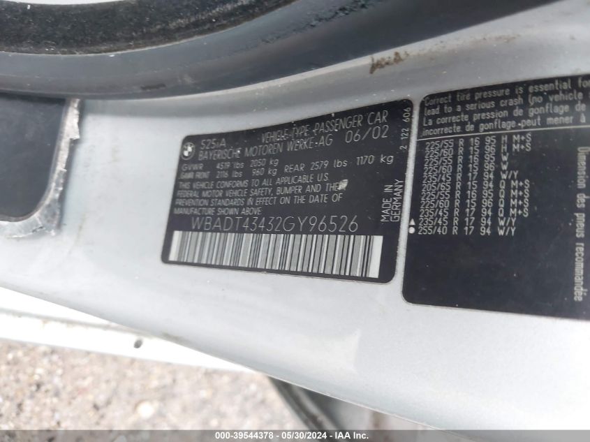 2002 BMW 525Ia VIN: WBADT43432GY96526 Lot: 39544378