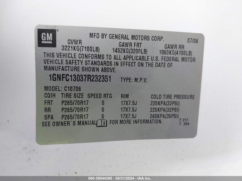 2007 Chevrolet Tahoe Ls VIN: 1GNFC13037R232351 Lot: 39544380