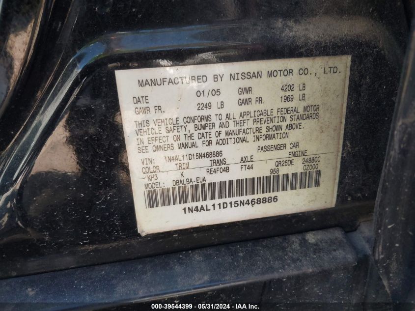 2005 Nissan Altima 2.5 S VIN: 1N4AL11D15N468886 Lot: 39544399