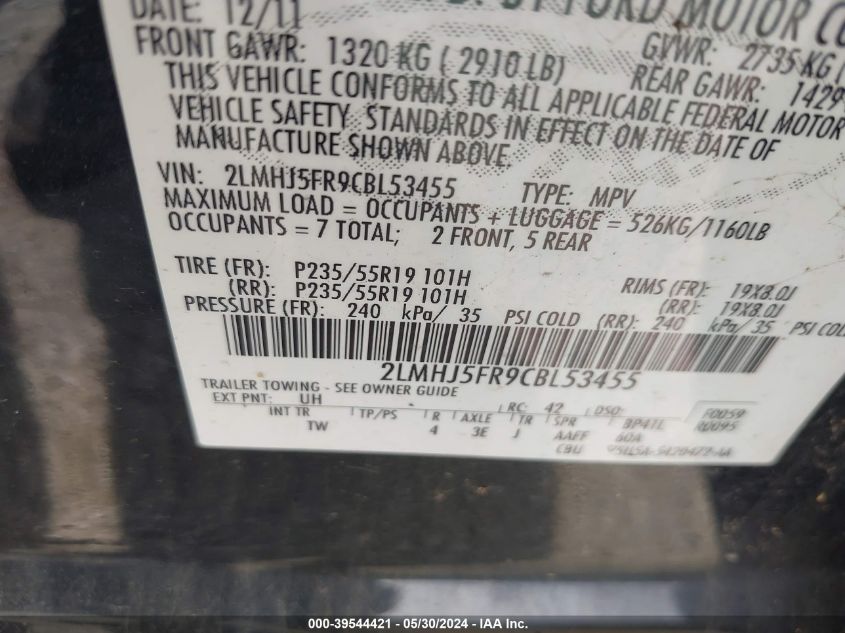 2012 Lincoln Mkt VIN: 2LMHJ5FR9CBL53455 Lot: 39544421