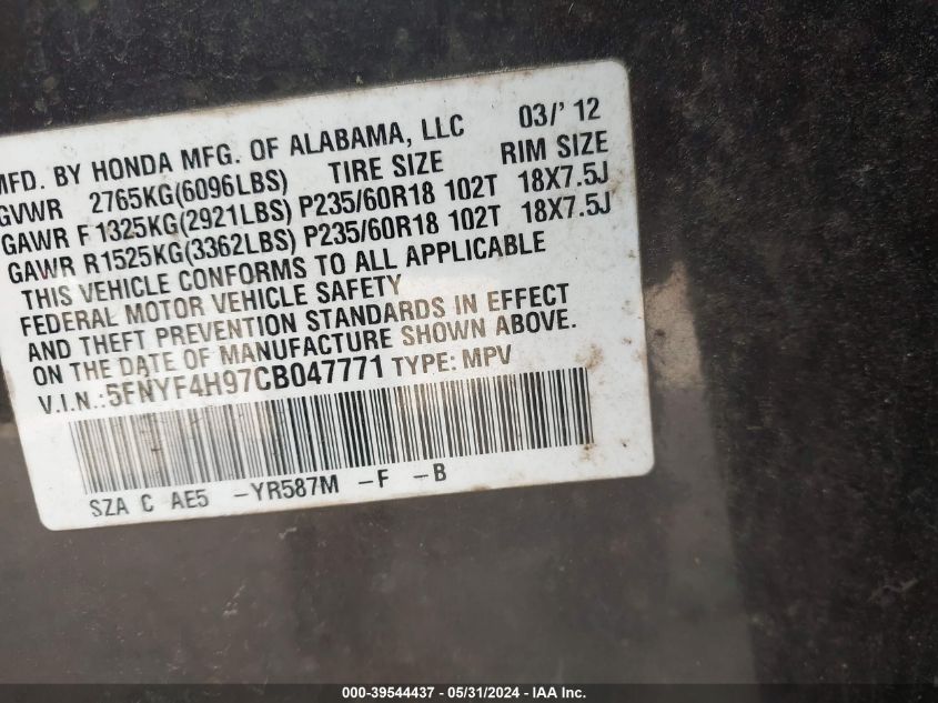2012 Honda Pilot Touring VIN: 5FNYF4H97CB047771 Lot: 39544437