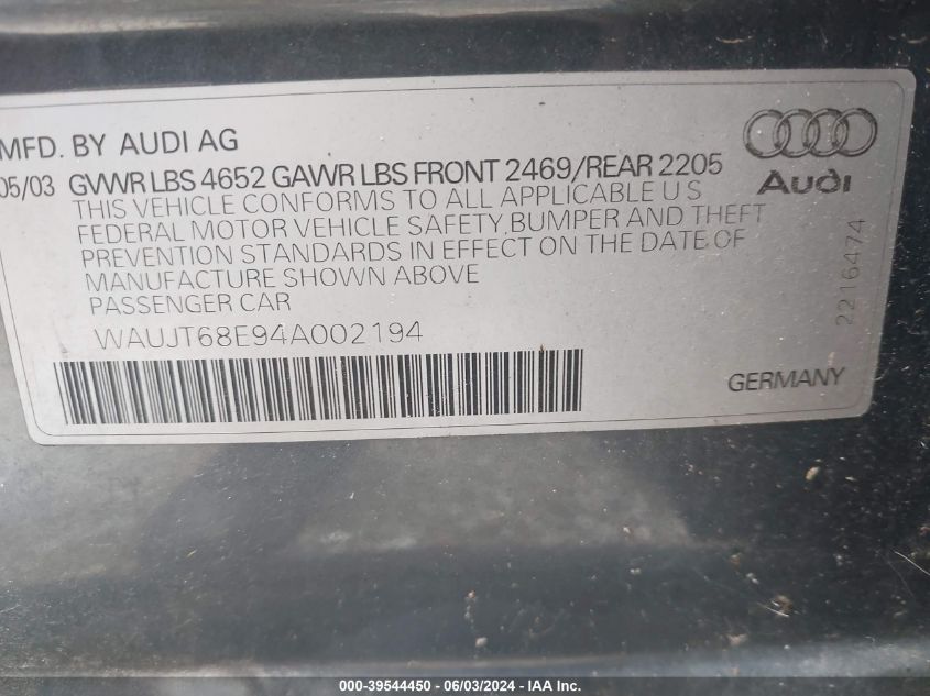 2004 Audi A4 3.0 VIN: WAUJT68E94A002194 Lot: 39544450