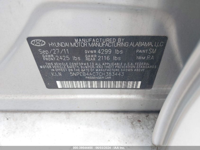 2012 Hyundai Sonata Gls VIN: 5NPEB4AC7CH383443 Lot: 39544455