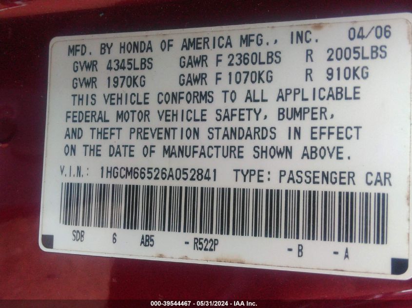 2006 Honda Accord 3.0 Ex VIN: 1HGCM66526A052841 Lot: 39544467