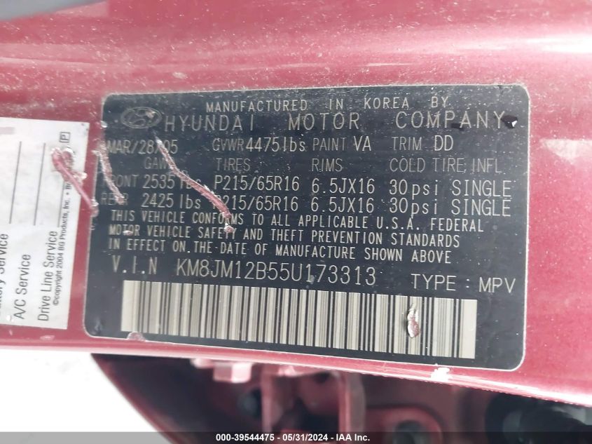 2005 Hyundai Tucson Gl VIN: KM8JM12B55U173313 Lot: 39544475