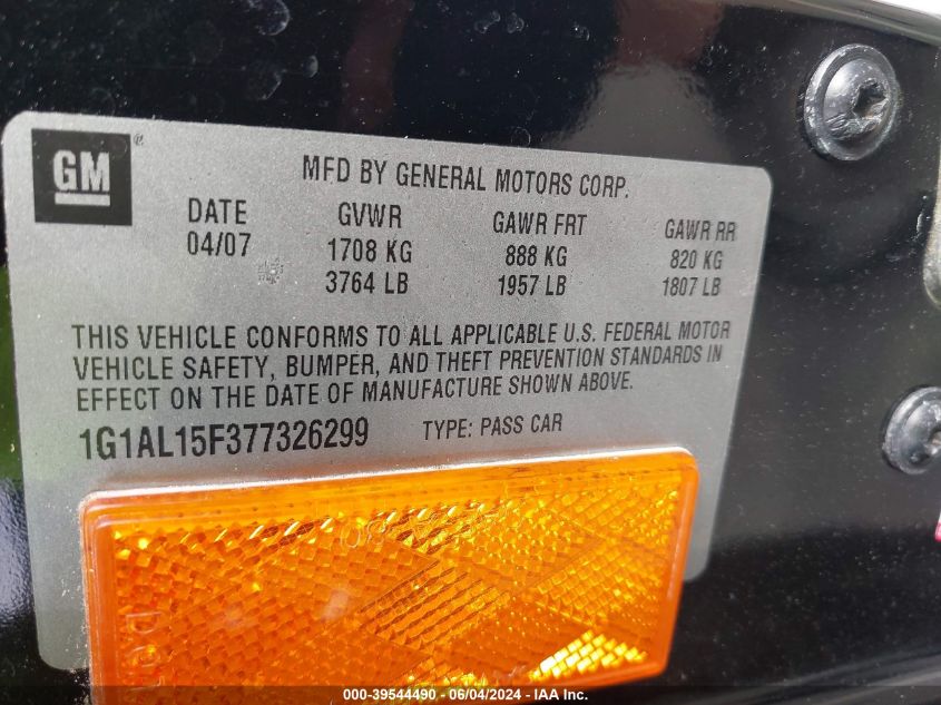2007 Chevrolet Cobalt Lt VIN: 1G1AL15F377326299 Lot: 39544490