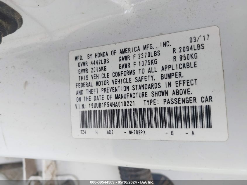 2017 Acura Tlx Technology Package VIN: 19UUB1F54HA010221 Lot: 39544509