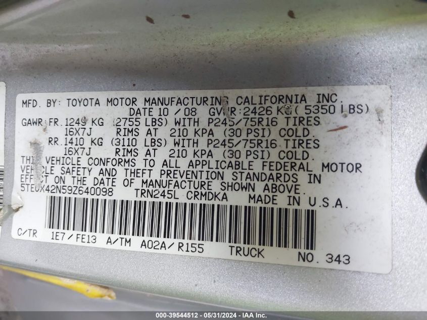 2009 Toyota Tacoma VIN: 5TEUX42N59Z640098 Lot: 39544512