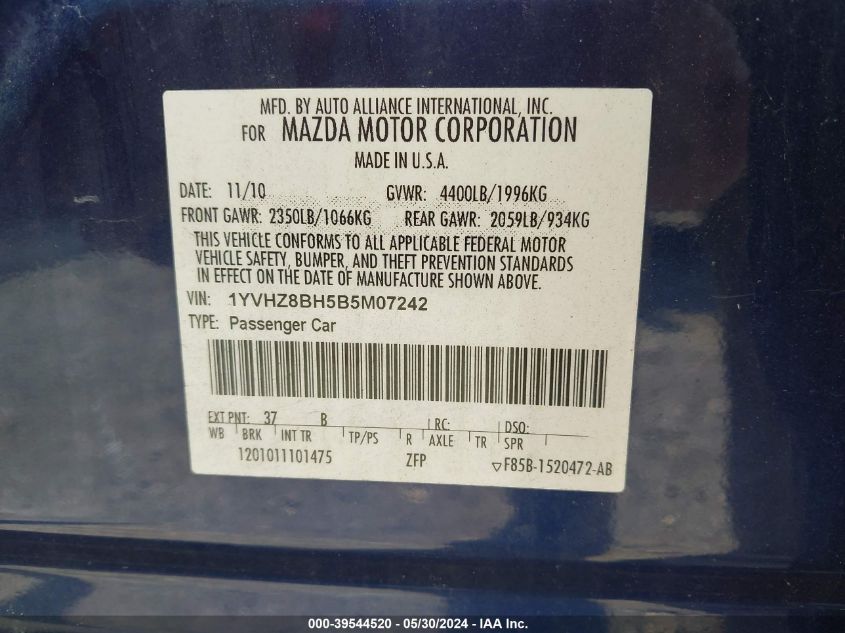 2011 Mazda 6 I VIN: 1YVHZ8BH5B5M07242 Lot: 39544520