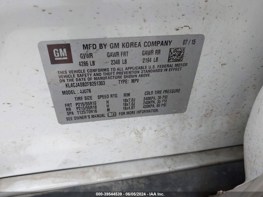 2015 Buick Encore VIN: KL4CJASB2FB251303 Lot: 39544539