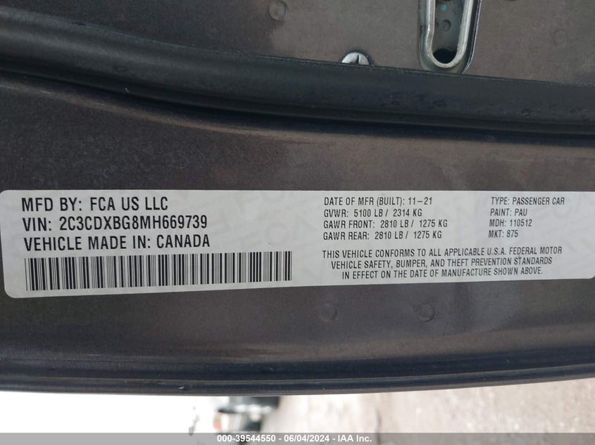 2021 Dodge Charger Sxt Rwd VIN: 2C3CDXBG8MH669739 Lot: 39544550