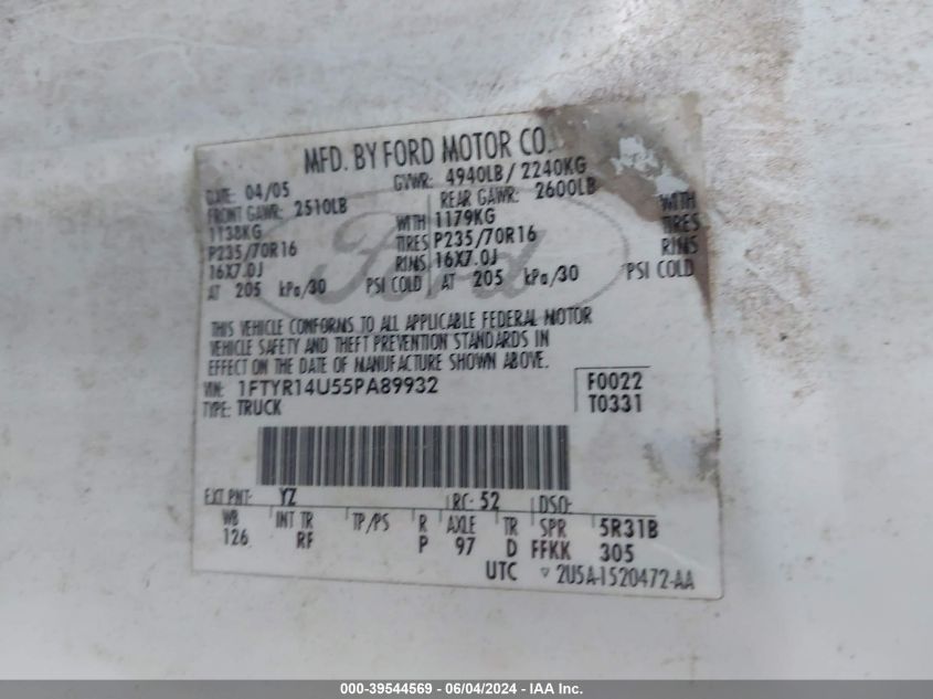 2005 Ford Ranger Edge/Stx/Xl/Xlt VIN: 1FTYR14U55PA89932 Lot: 39544569