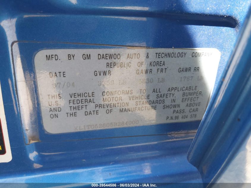 2005 Chevrolet Aveo Lt VIN: KL1TG52605B284000 Lot: 39544586