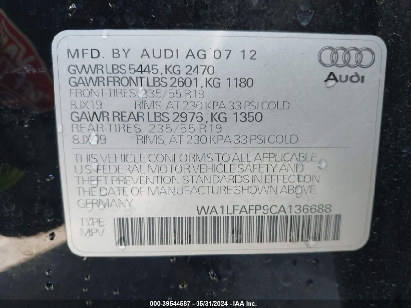 2012 Audi Q5 2.0T Premium VIN: WA1LFAFP9CA136688 Lot: 39544587