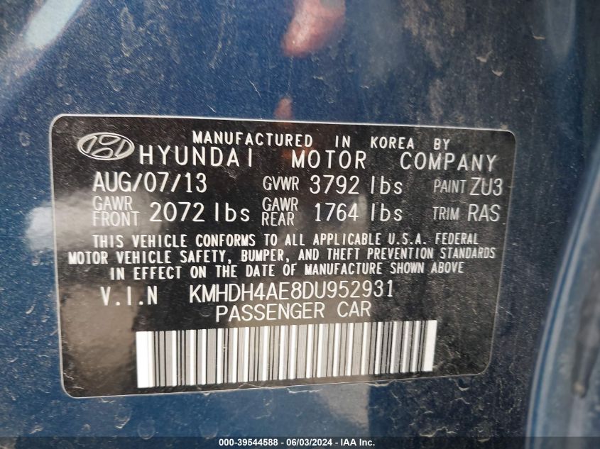 2013 Hyundai Elantra Gls/Limited VIN: KMHDH4AE8DU952931 Lot: 39544588