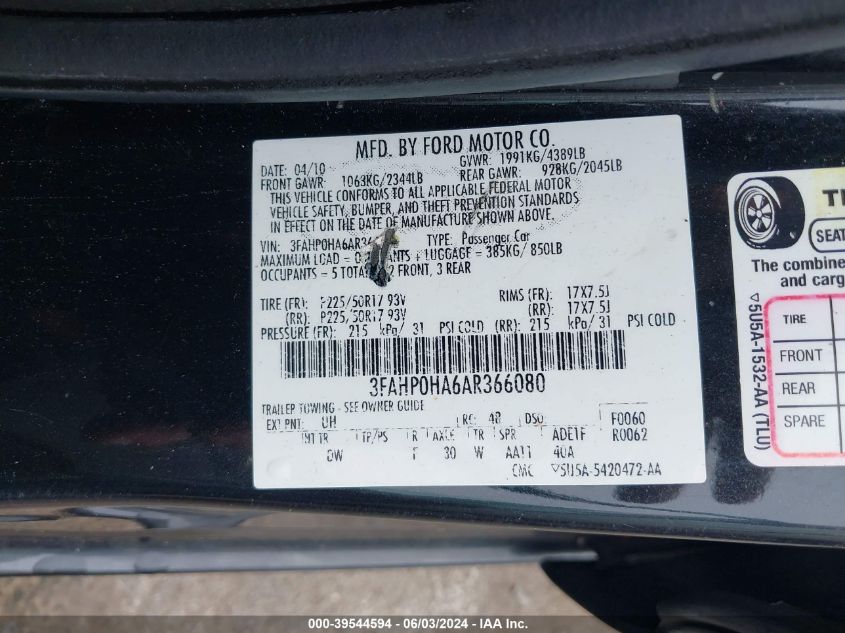 2010 Ford Fusion Se VIN: 3FAHP0HA6AR366080 Lot: 39544594