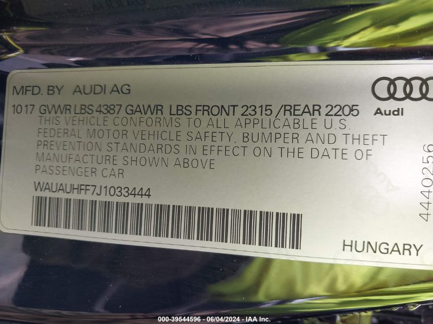 2018 AUDI A3 2.0T PREMIUM/2.0T TECH PREMIUM - WAUAUHFF7J1033444