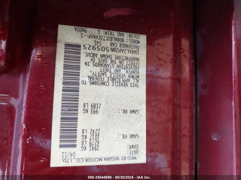 2011 Nissan Altima 2.5 S VIN: 1N4AL2AP2BN505925 Lot: 39544598