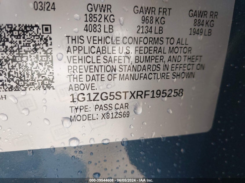 VIN 1G1ZG5STXRF195258 2024 CHEVROLET MALIBU RS