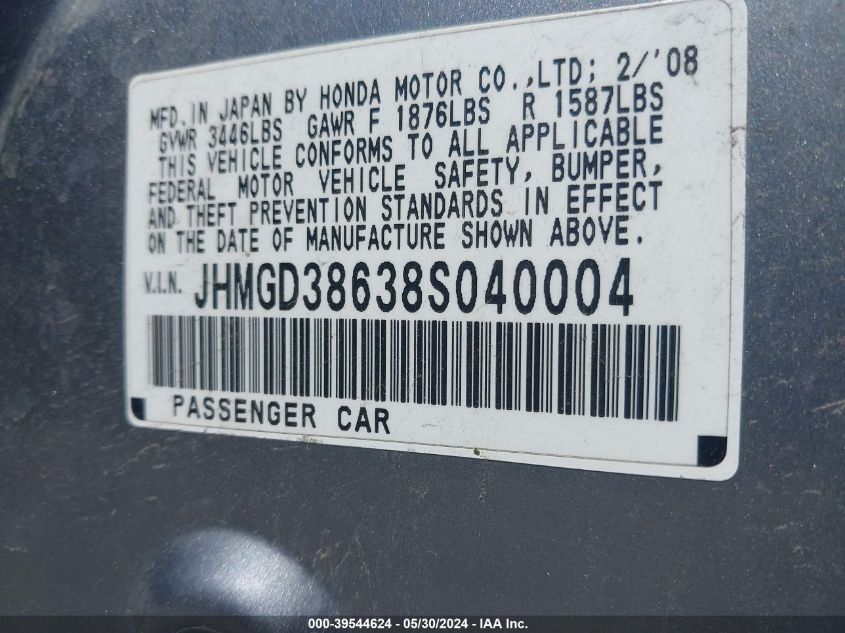 2008 Honda Fit Sport VIN: JHMGD38638S040004 Lot: 39544624