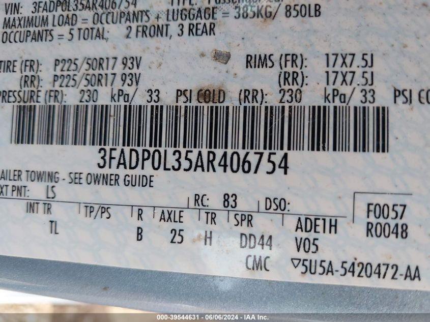 2010 Ford Fusion Hybrid VIN: 3FADP0L35AR406754 Lot: 39544631