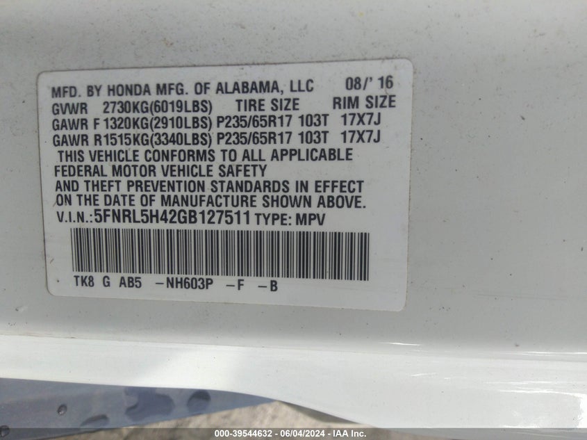 2016 Honda Odyssey Ex VIN: 5FNRL5H42GB127511 Lot: 39544632