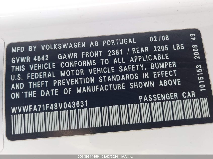 2008 Volkswagen Eos Lux VIN: WVWFA71F48V043631 Lot: 39544659