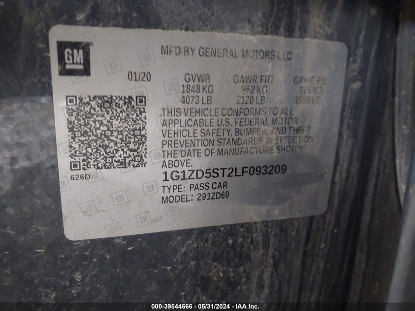 2020 Chevrolet Malibu Fwd Lt VIN: 1G1ZD5ST2LF093209 Lot: 39544666