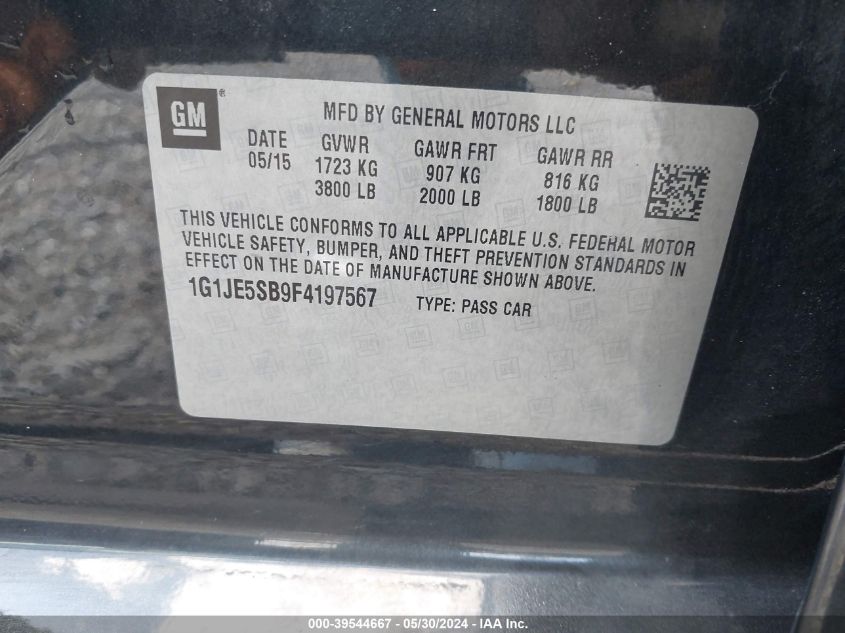 2015 Chevrolet Sonic Ltz Auto VIN: 1G1JE5SB9F4197567 Lot: 39544667