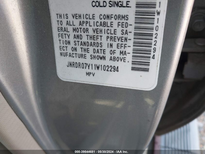 2001 Infiniti Qx4 Luxury VIN: JNRDR07Y11W102294 Lot: 39544681