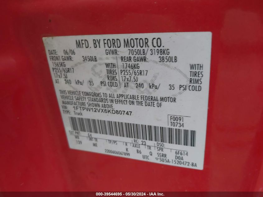 2006 Ford F-150 Lariat/Xlt VIN: 1FTPW12VX6KD80747 Lot: 39544695