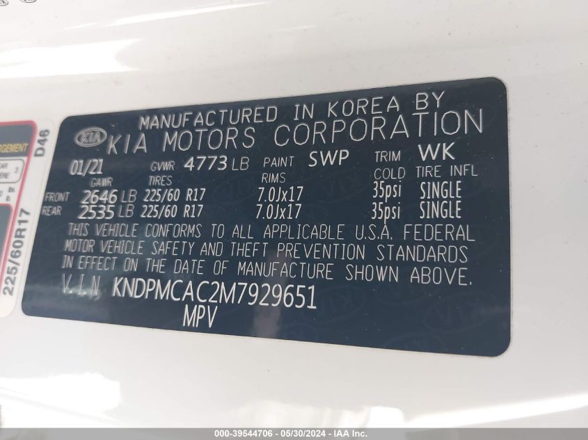2021 Kia Sportage Lx VIN: KNDPMCAC2M7929651 Lot: 39544706