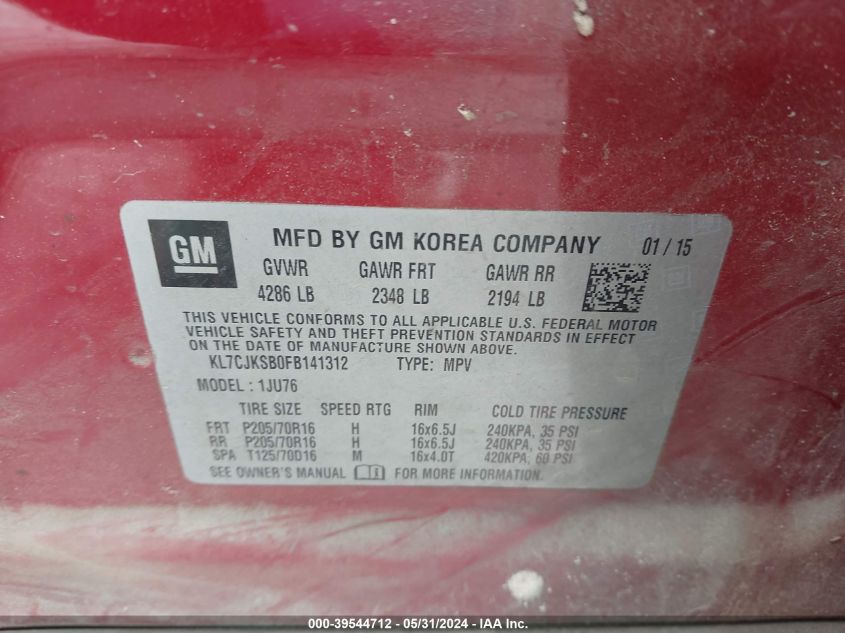 2015 Chevrolet Trax 1Ls VIN: KL7CJKSB0FB141312 Lot: 39544712