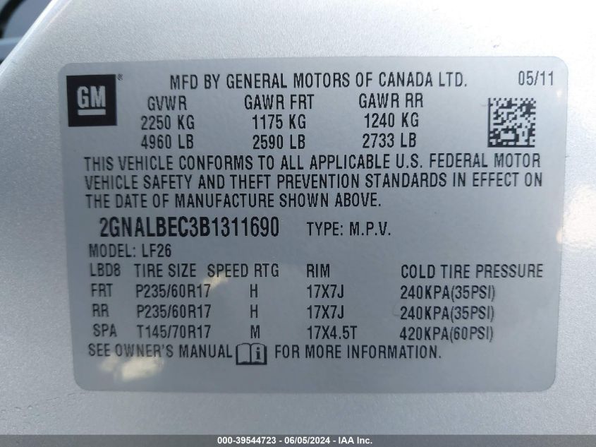 2011 Chevrolet Equinox Ls VIN: 2GNALBEC3B1311690 Lot: 39544723