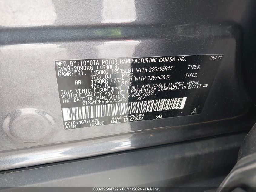 2022 Toyota Rav4 Xle VIN: 2T3W1RFV6NW206442 Lot: 39544727