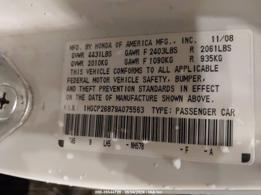 2009 Honda Accord 2.4 Ex-L VIN: 1HGCP26879A075563 Lot: 39544739