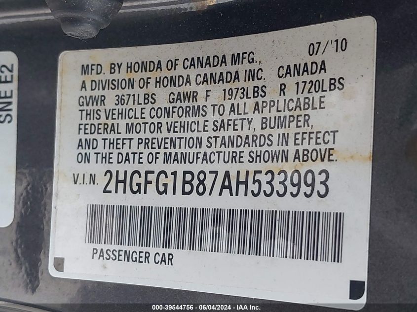 2010 Honda Civic Ex VIN: 2HGFG1B87AH533993 Lot: 39544756