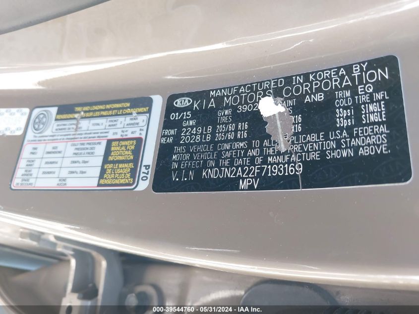 2015 Kia Soul VIN: KNDJN2A22F7193169 Lot: 39544760