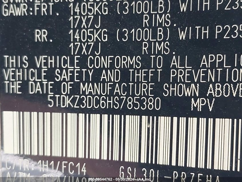 2017 TOYOTA SIENNA LE 8 PASSENGER - 5TDKZ3DC6HS785380