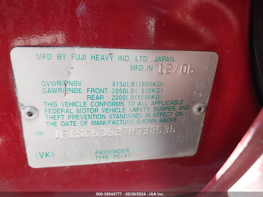 2007 Subaru Forester 2.5X VIN: JF1SG63627H738536 Lot: 39544777