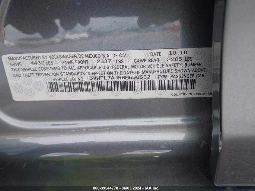 2011 Volkswagen Jetta Sportwagen 2.0L Tdi VIN: 3VWPL7AJ5BM630552 Lot: 39544778